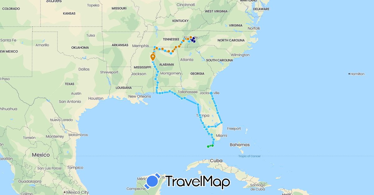 TravelMap itinerary: driving, bus, boat, boat - southbound in United States (North America)
