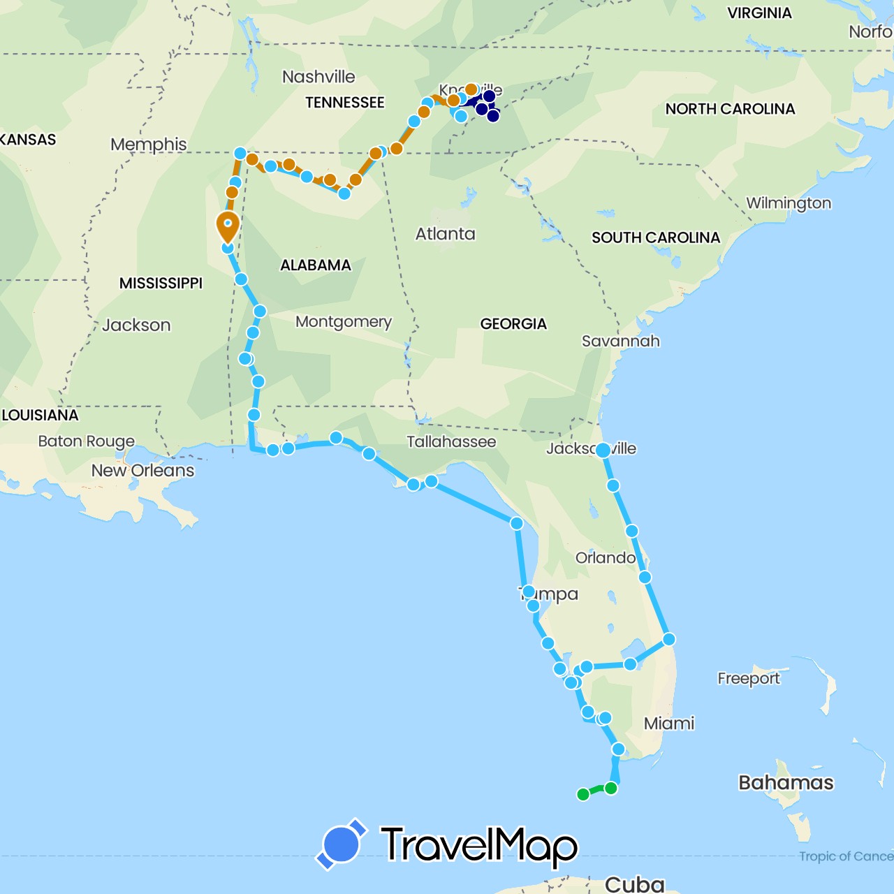 TravelMap itinerary: driving, bus, boat, boat - southbound in United States (North America)
