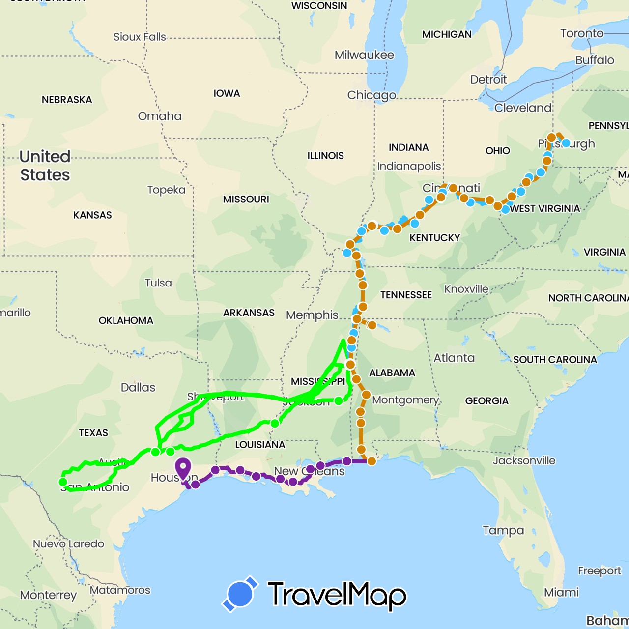 TravelMap itinerary: driving, boat, boat - southbound, rv, boat: west bound in United States (North America)