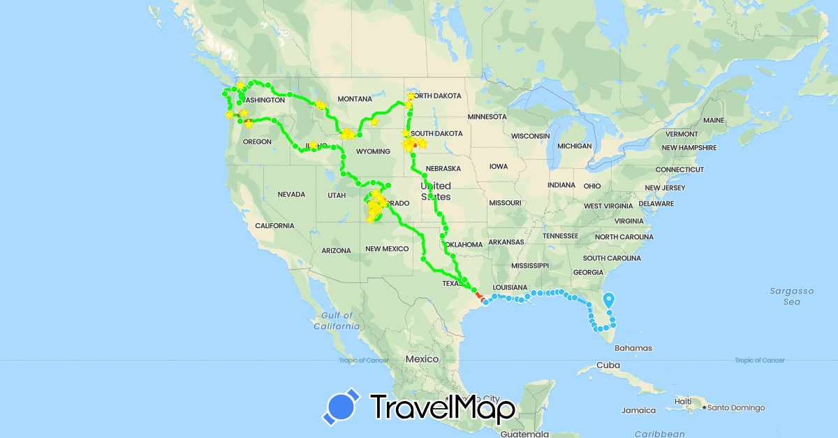 TravelMap itinerary: driving, train, boat, boat - southbound, rv, driving jeep in United States (North America)
