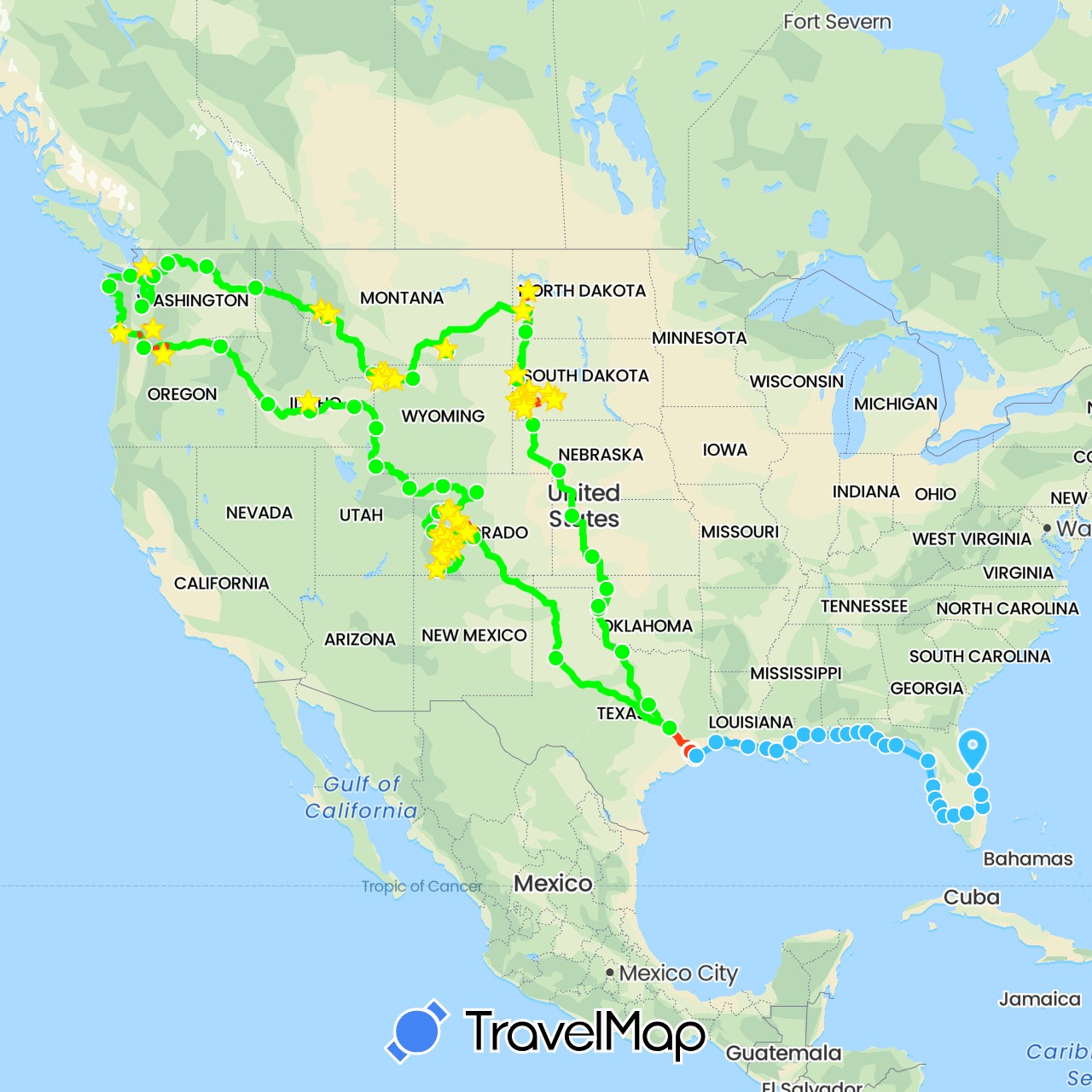 TravelMap itinerary: driving, train, boat, boat - southbound, rv, driving jeep in United States (North America)