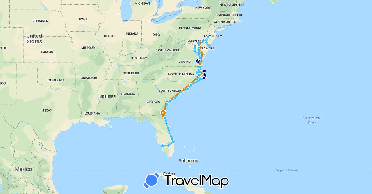 TravelMap itinerary: driving, cycling, boat, boat - southbound in United States (North America)