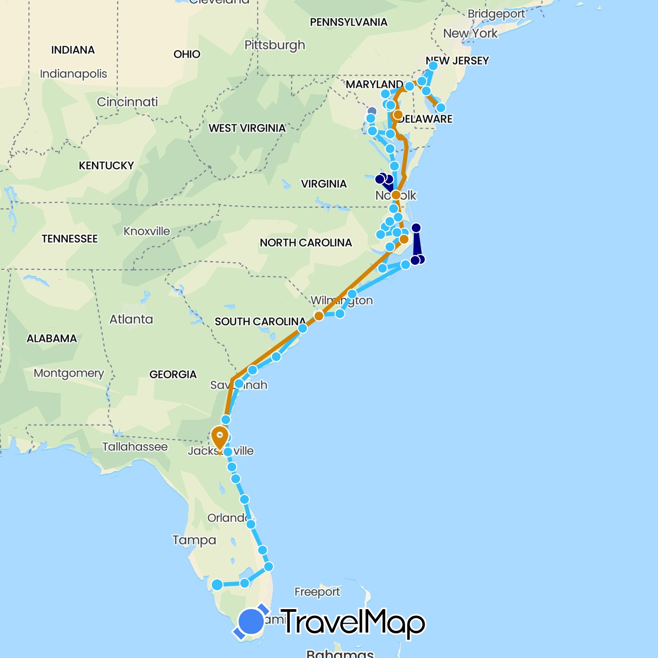 TravelMap itinerary: driving, cycling, boat, boat - southbound in United States (North America)