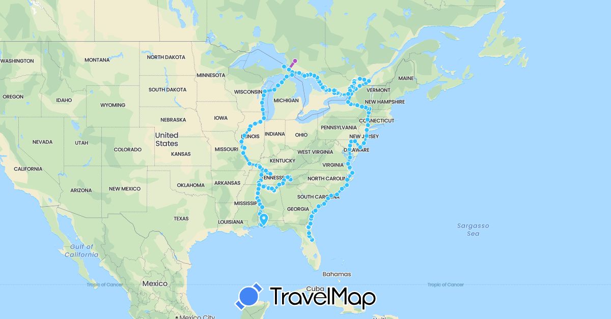 TravelMap itinerary: driving, train, boat in Canada, United States (North America)