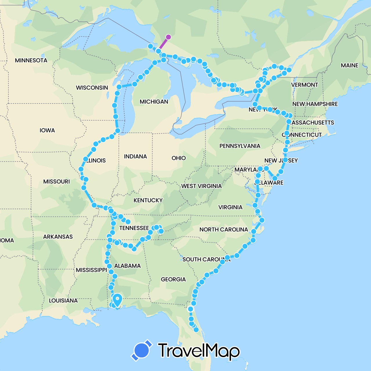 TravelMap itinerary: driving, train, boat in Canada, United States (North America)