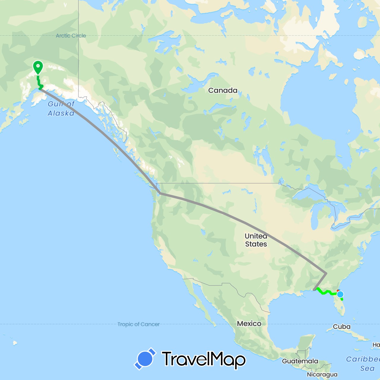 TravelMap itinerary: driving, bus, plane, boat, boat - southbound, rv, driving jeep in United States (North America)