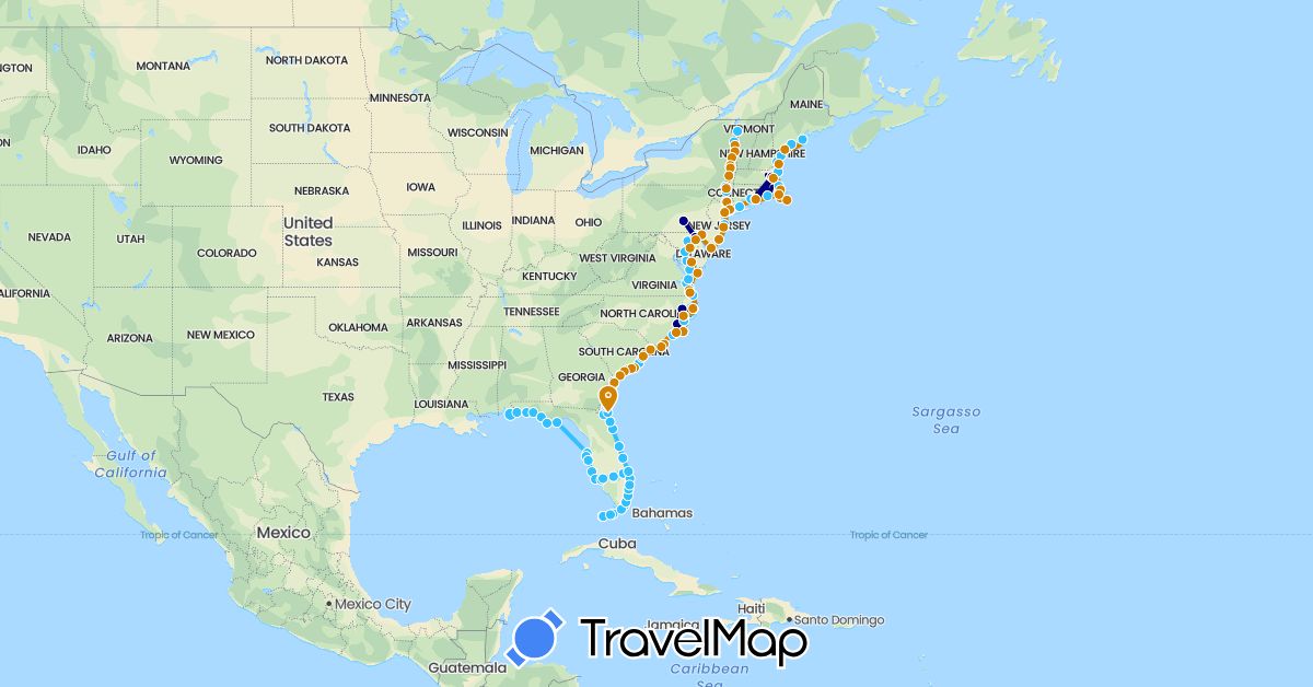 TravelMap itinerary: driving, train, hiking, boat, boat - southbound in United States (North America)