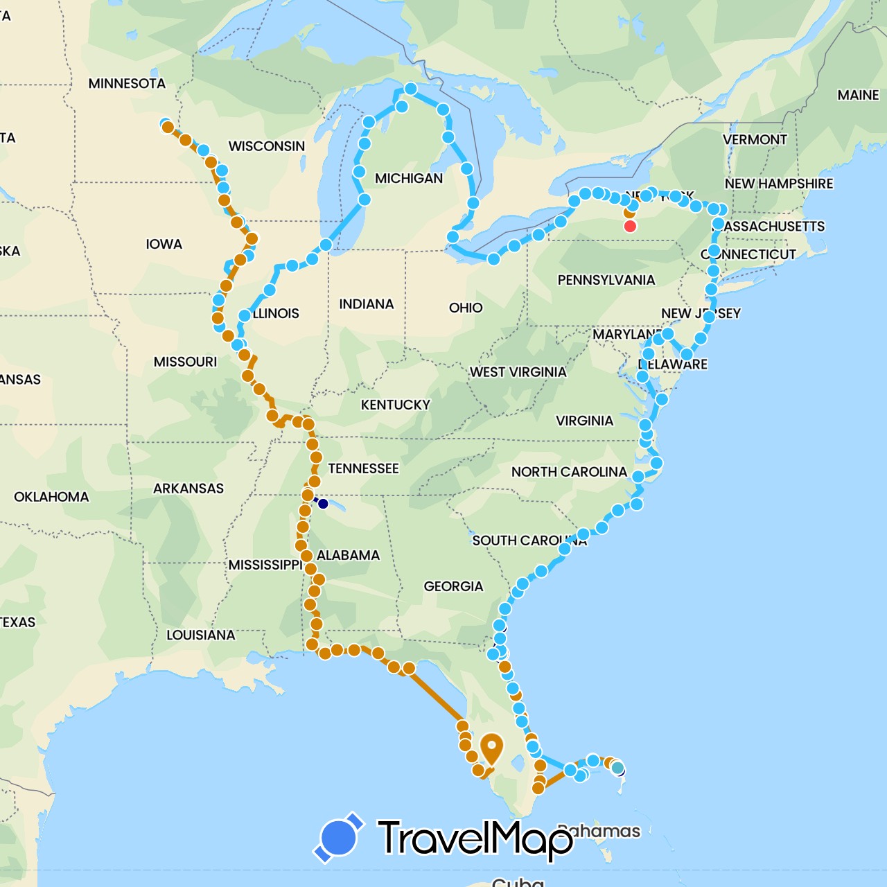 TravelMap itinerary: driving, bus, hiking, boat, boat - southbound, ferry in Bahamas, United States (North America)