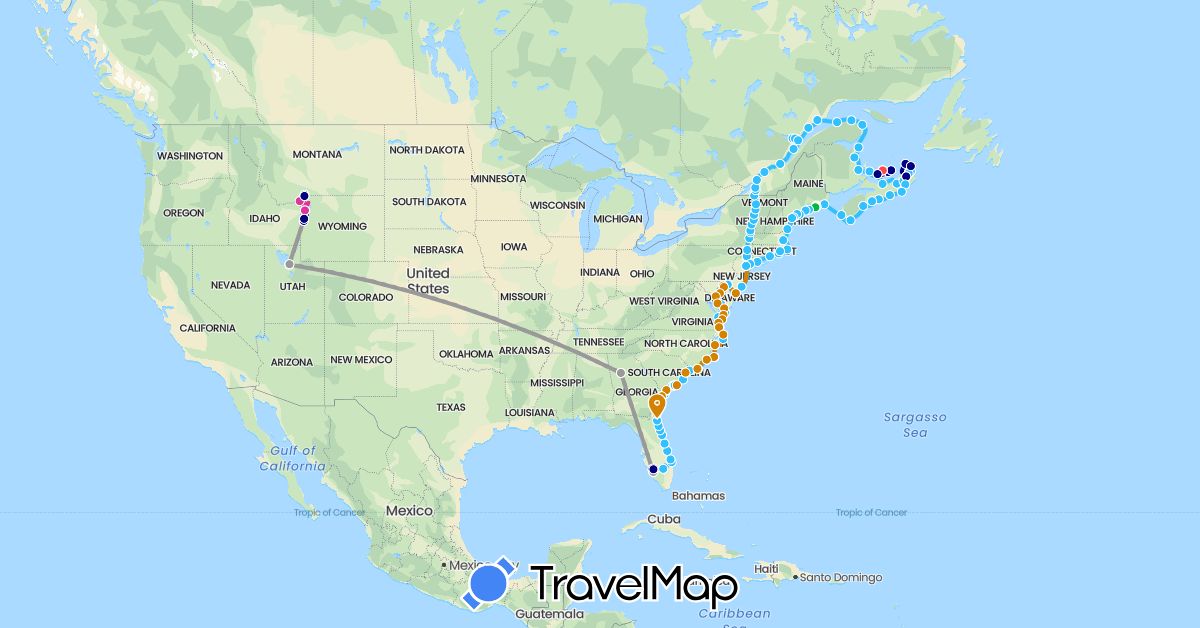 TravelMap itinerary: driving, bus, plane, cycling, hiking, boat, boat - southbound, snowmobile, trolley in Canada, United States (North America)