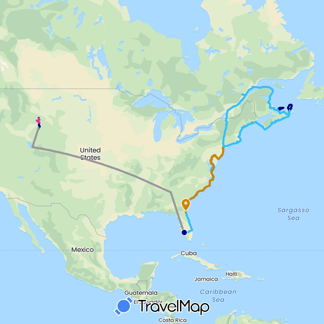 TravelMap itinerary: driving, bus, plane, cycling, hiking, boat, boat - southbound, snowmobile, trolley in Canada, United States (North America)